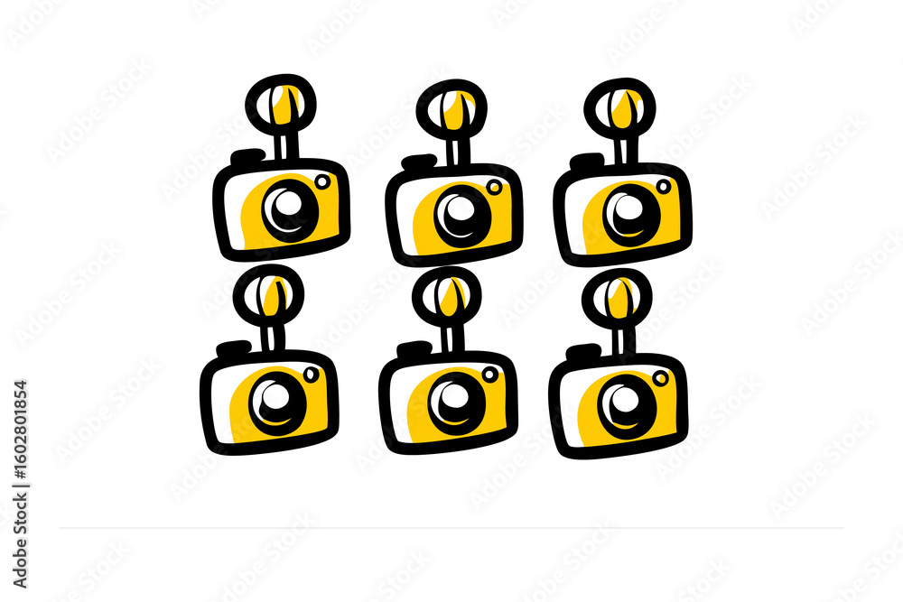 Poster six stylized yellow cartoon cameras with pop up flashes arranged in a two by three grid on a white b