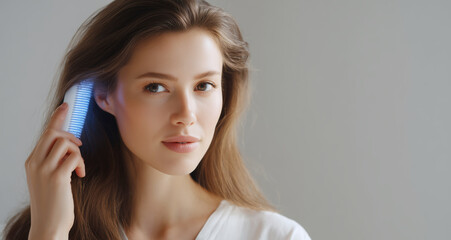 Fototapeta premium In a bright indoor setting, a woman with long hair gently styles her locks using a modern comb device. She has a calm expression and focuses on her hair care routine, showcasing self-care and beauty.