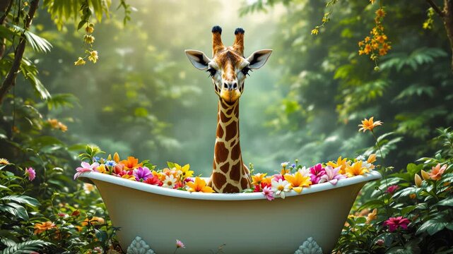 Cute and funny top half of a giraffe sitting in a bathtub filled with colorful flowers in the middle of the jungle, animal artwork illustration