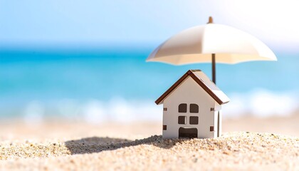 Miniature house protected by umbrella on beach