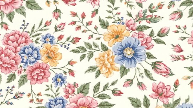Floral pattern with pink blue yellow blooms green leaves on offwhite background