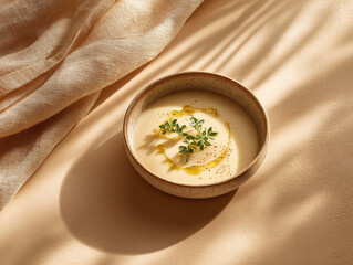 Elegant, warm toned image featuring a bowl of creamy soup with herb garnish. Natural light and shadow create a calming, minimalist aesthetic. Perfect for food blogs, recipes.