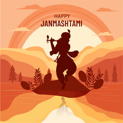 Happy Janmashtami indian festival celebration, background and character design vector illustration. Lord Krishna playing flute.