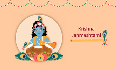 Happy Janmashtami indian festival celebration, background and character design vector illustration. Little Krishna with butter.