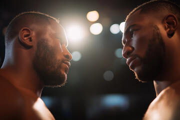 Two fighters square off under spotlight before boxing match