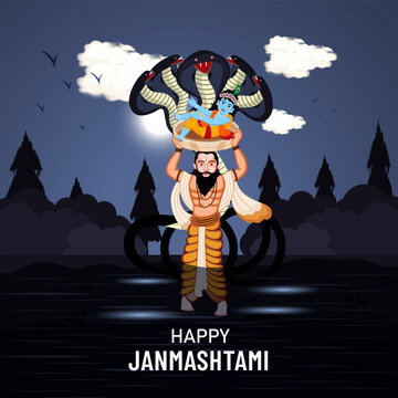 Happy Janmashtami indian festival celebration, background and character design vector illustration of vasudev ji with little krishna and sheshnaag on rainy night.