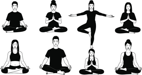 Serene Collection of Meditating People in Various Yoga Poses, Featuring Mindfulness and Wellness Practices, Ideal for Promoting Relaxation and Healthy Lifestyle