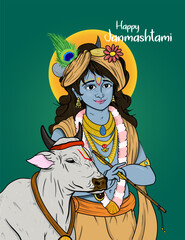 Vector hand drawn illustration of lord krishna with flute, peacock and cow. Happy Janmashtami.