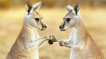 Kangaroo boxing with another kangaroo in the Australian outback, playful fight, dynamic