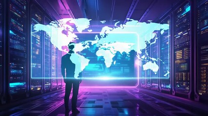 Silhouette in High-Tech Server Room with World Map - Powered by Adobe