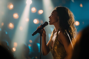 Female singer performing on stage under spotlights