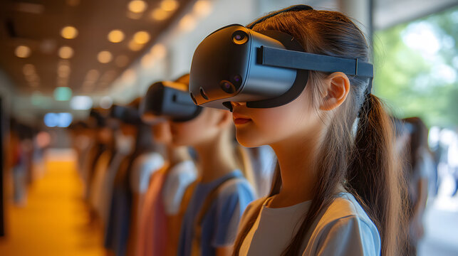 A group of girls explores modern technology using VR headsets, immersed in digital learning and modern studies. They engage with virtual reality for innovative education.