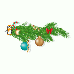 Vector illustration of a Christmas composition with fir tree branches, baubles, ribbons, candy cane, red bow and cartoon penguin