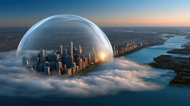 Floating vaccine bubble shield protects city from external threats, creating serene and futuristic atmosphere