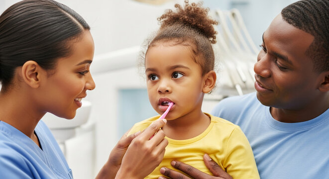 A dentist helps a young girl brush her teeth while her father watches, showing dental hygiene and family care - Powered by Adobe