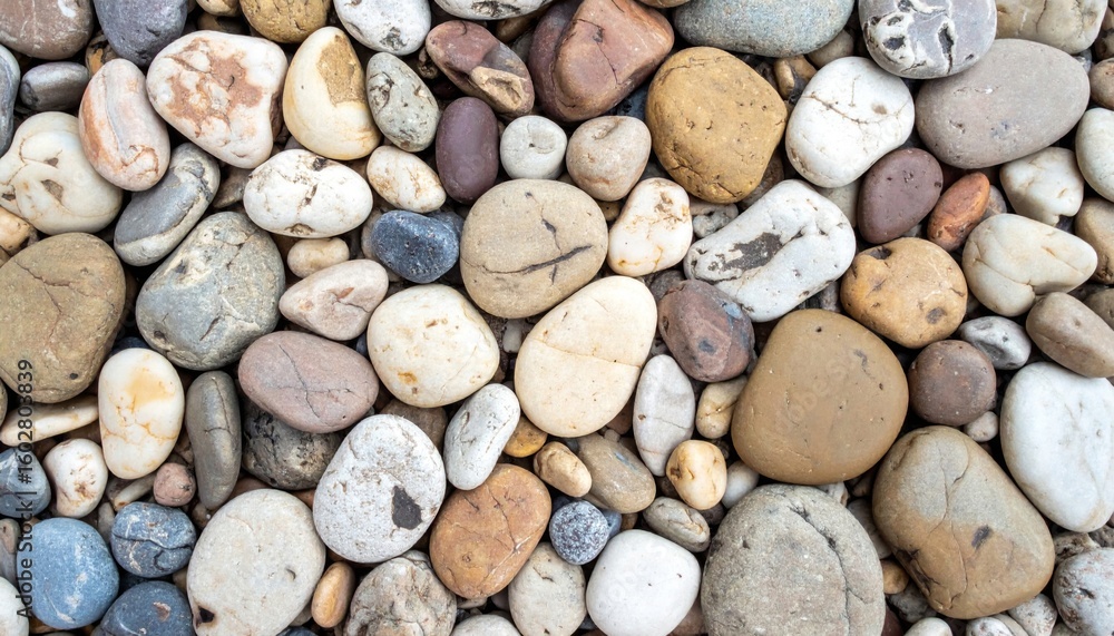 Poster pile of assorted smooth beach pebbles texture background in neutral colors