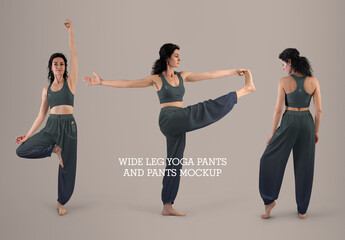 3 Mockups of Wide Pants and a Top on a Woman Practicing Yoga