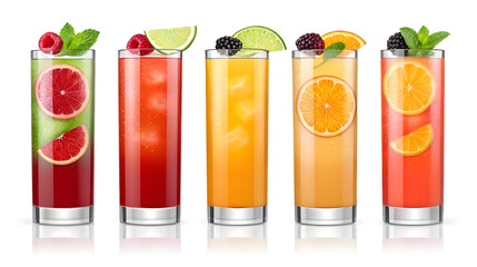 Five tall glasses of colorful fruit juices with garnishes