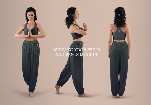 3 Mockups of Wide Yoga Pants and Sports Top