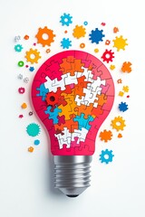 Line art of a light bulb in pastel red with colorful jigsaw puzzle pieces fitting inside