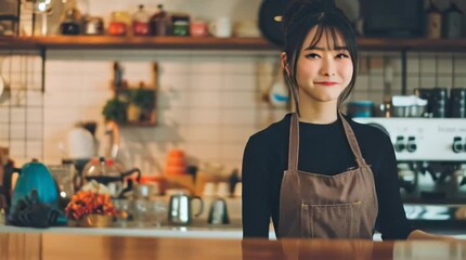 Smiling Asian waitress in modern cafe environment. soft lighting and casual atmosphere suggest friendliness and comfort perfect for use in lifestyle articles, branding or food service promotions