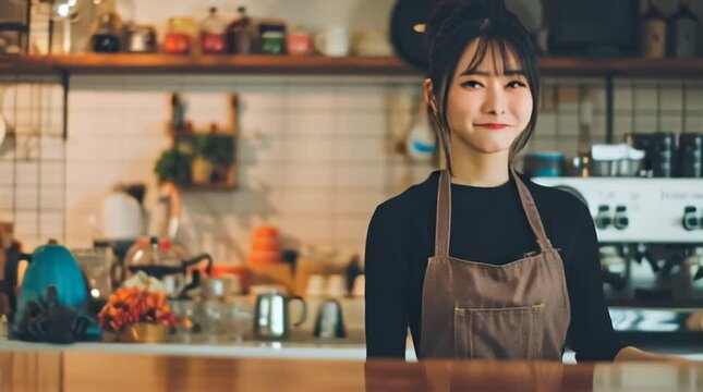 Smiling Asian waitress in modern cafe environment. soft lighting and casual atmosphere suggest friendliness and comfort perfect for use in lifestyle articles, branding or food service promotions