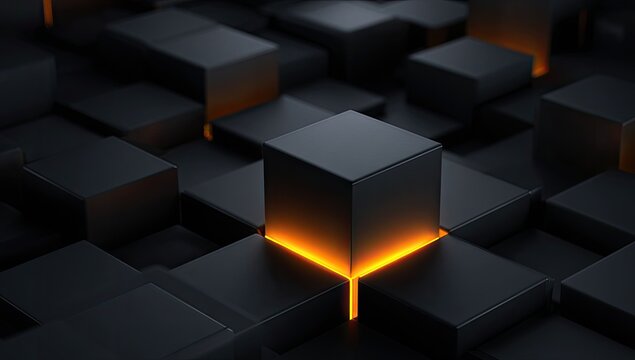 Abstract geometric pattern of dark cubes, one glowing orange