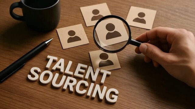 A magnifying glass highlights one profile card near bold Talent Sourcing text. Concept of proactive headhunting and pipeline building.