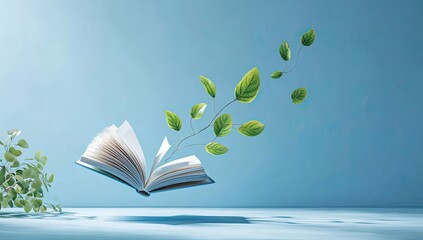 Open book with vibrant leaves floating, light blue background