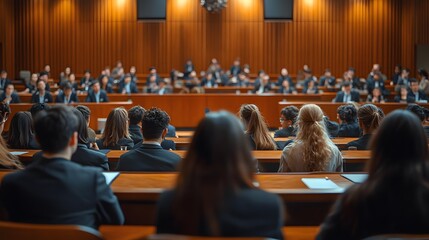 A courtroom scene with attendees in suits and blazers, set against warm wood paneling and bright lighting, creating a Modern Studies theme suitable for various applications.