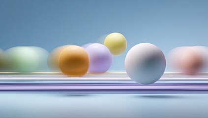 Pastel spheres in motion on light blue surface