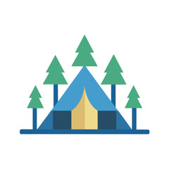 Simple blue tent surrounded by green pine trees