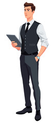 Businessman Holding Tablet Standing White