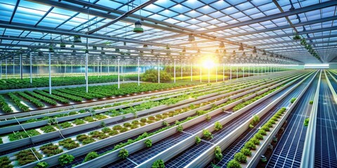 Modern Greenhouse Agriculture Sunlit Rows of Cultivated Plants Utilizing Sustainable Solar Energy for Optimized Growth