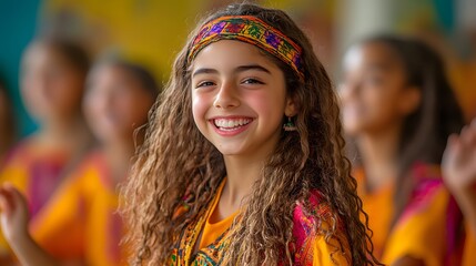 Obraz premium A joyful girl with a colorful headband and patterned top embodies the Modern Studies theme. She's surrounded by other girls, creating a vibrant and engaging atmosphere.