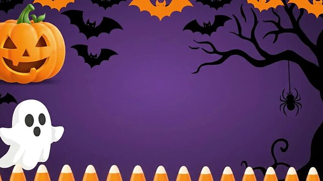 Halloween scene orange pumpkin white ghost candy corn black bats spider and tree on a purple background