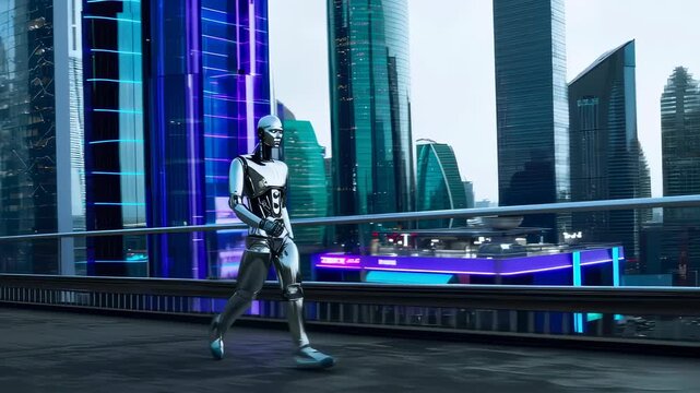 Futuristic robot walking along megacity skyline with neonlit skyscrapers