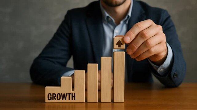 A businessman places the final block with an arrow atop a wooden bar chart labeled Growth. Concept of business scaling and performance improvement.