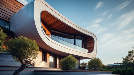 Obraz premium Modern architectural design showcasing sleek lines, large windows, and landscaping in an inviting outdoor space.