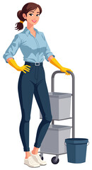 Cleaner Woman Standing Cleaning Supplies