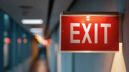 Red exit sign illuminated in corridor, guiding towards safety with clear message. atmosphere is calm yet urgent