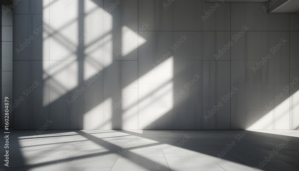 Poster sunlight streams through a patterned window, casting geometric shadows on a concrete wall and floor 