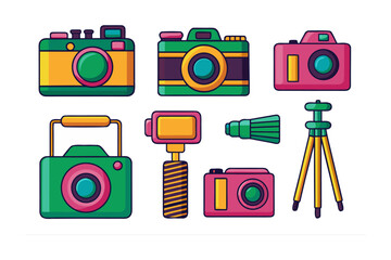 Vibrant collection of retro and modern cameras tripod and lens illustrating photography equipment and gadgets