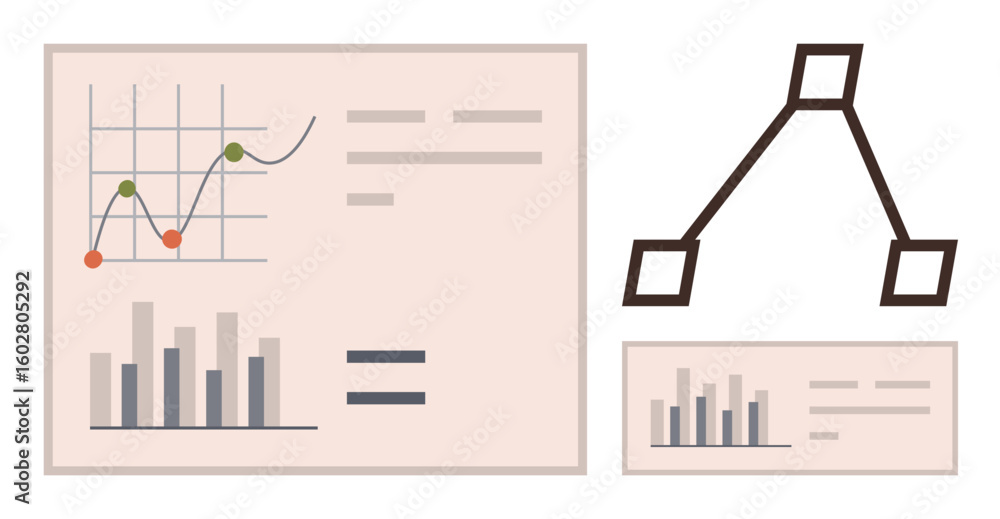 Poster graph with line chart and bar chart, flow diagram representing process or strategy interconnected. i