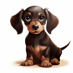 A digital cartoon illustration of a cute dachshund puppy with big eyes and floppy ears, sitting on a white background.