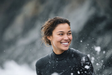 Confident young woman, wetsuit clad, smiling amidst ocean spray. Represents joy, resilience, adventure, and a connection with nature. Ideal for travel, sports, lifestyle.