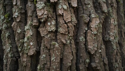 Obraz premium Close-up of tree bark texture, featuring deep furrows and ridges with patches of moss and lichen growing on the surface.