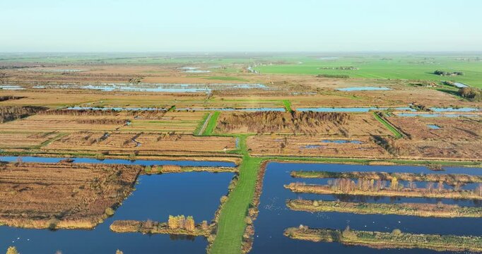 Aerial view of a network of waterways contrasting with the adjacent fields, nature reserve Rottige Meente, Weststellingwerf, Friesland, Netherlands.