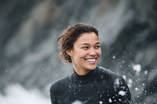 Confident young woman, wetsuit clad, smiling amidst ocean spray. Represents joy, resilience, adventure, and a connection with nature. Ideal for travel, sports, lifestyle.