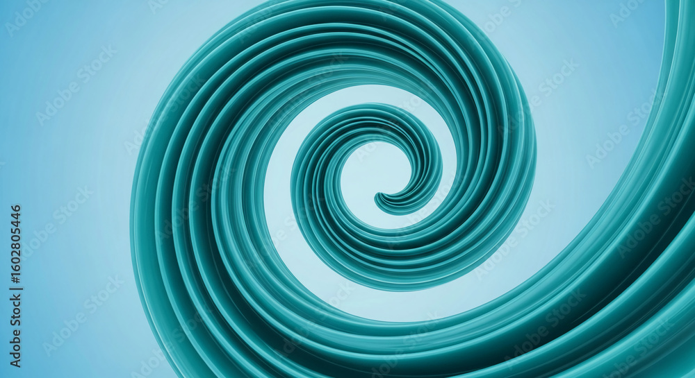 Poster teal spiral abstract design, smooth curves creating dynamic motion, suggesting energy, fluidity, and